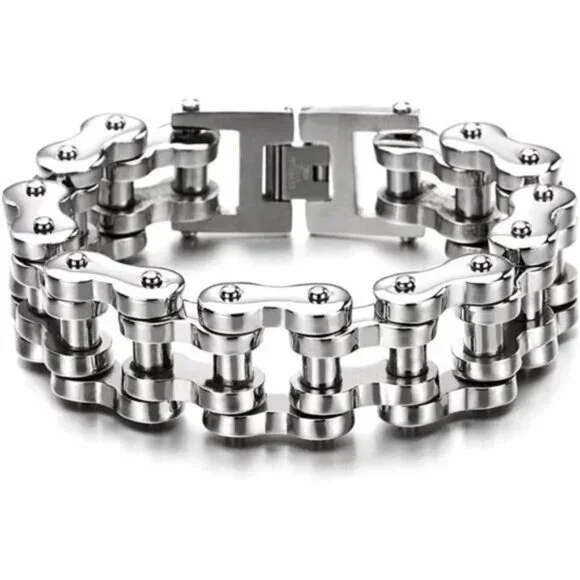 Motorcycle Chain Bike Chain Bracelet of Stainless Steel Silver Color Polished - Picture 1 of 7